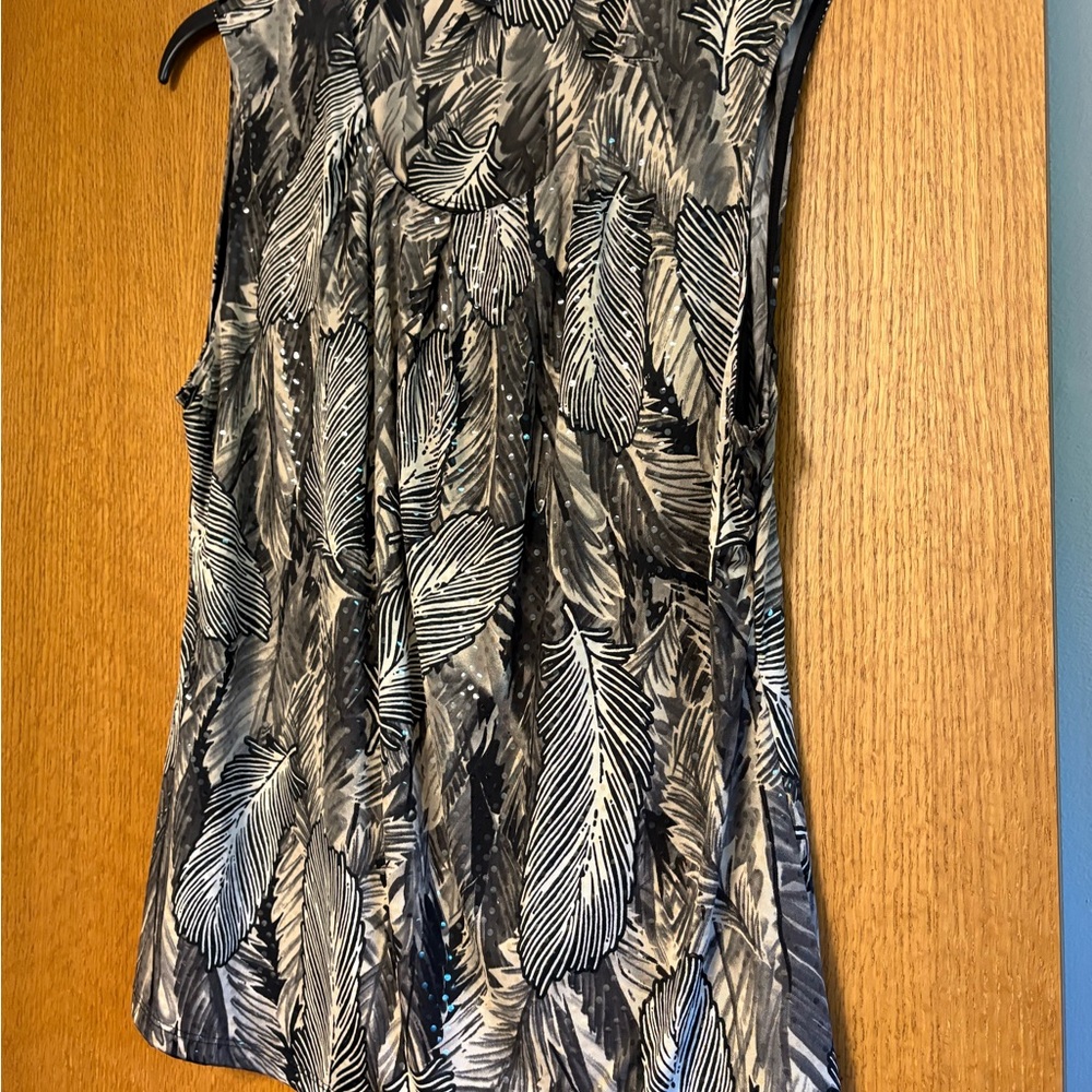 Alfani Black and Gray Feather Print Blouse with sequin accents